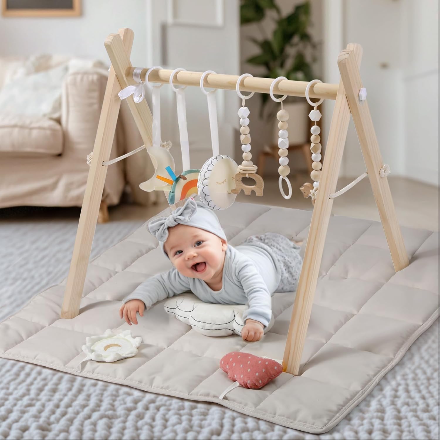 Amazon.com : Wooden Play Gym with Beige Mat, Foldable Baby